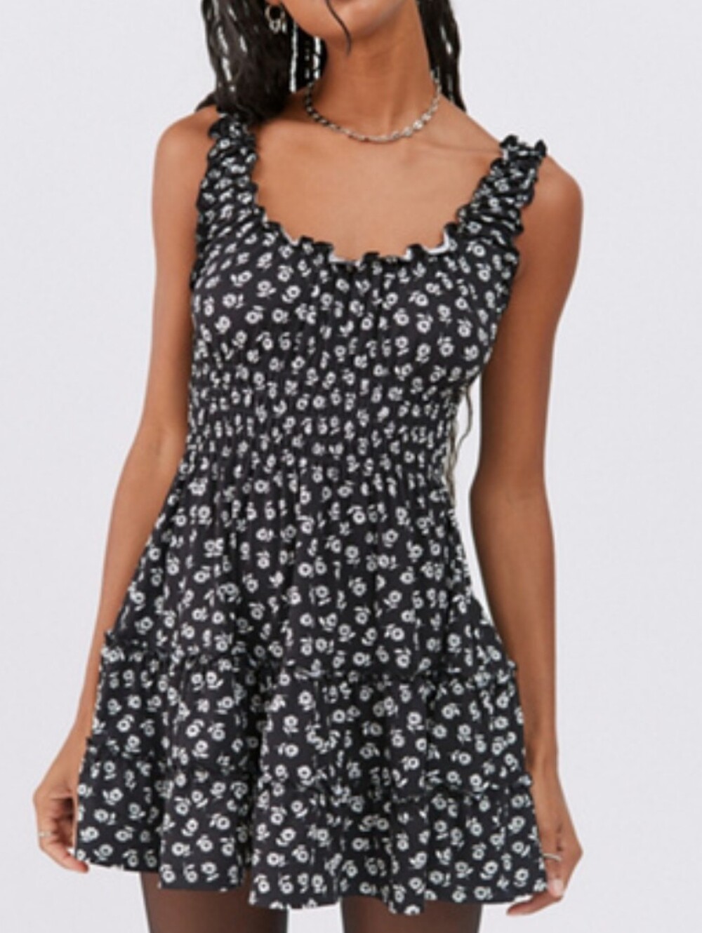 Urban Outfitters Black Floral Ruffle Smocked Mini Dress S